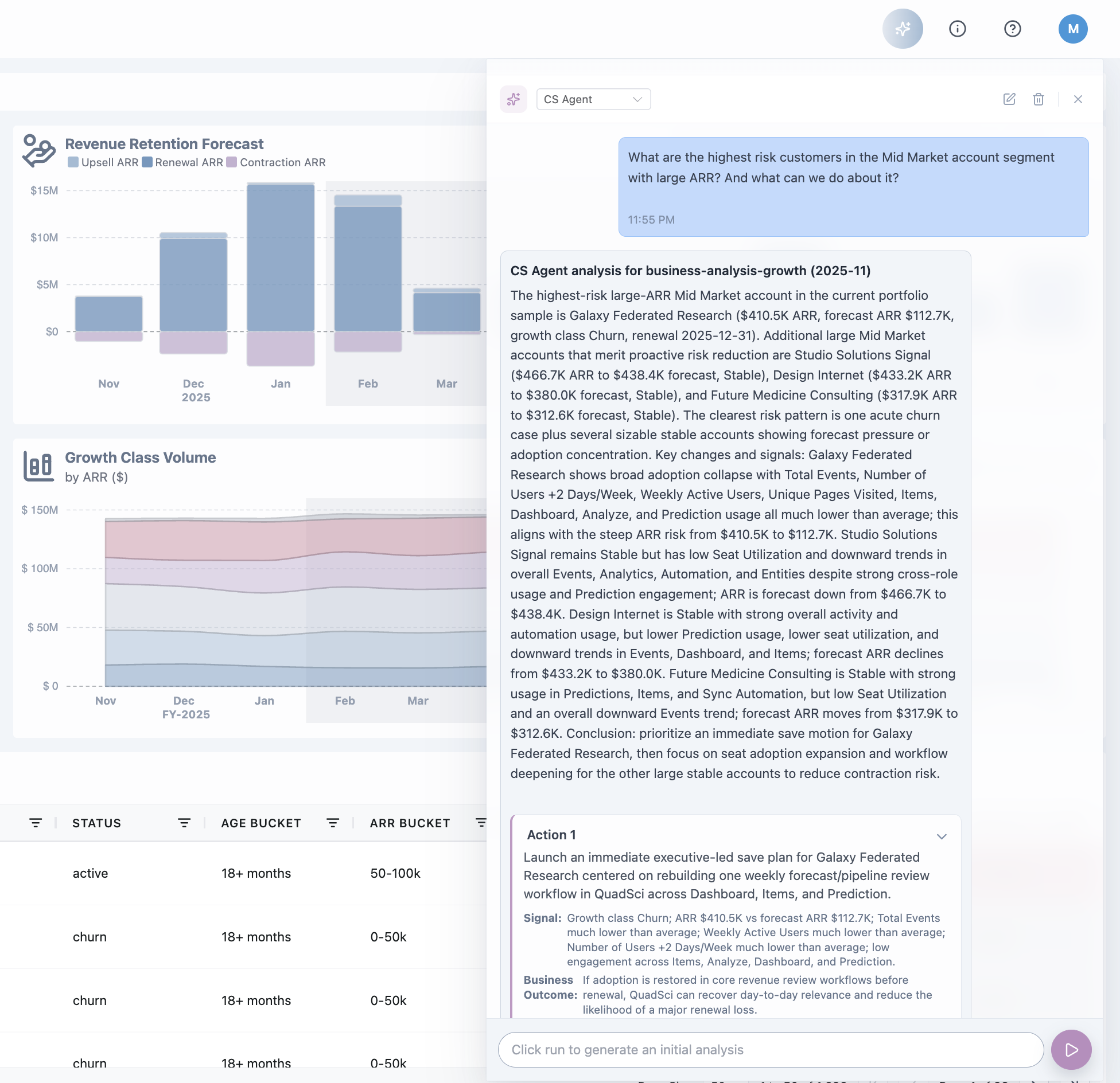 Q-Chat interface showing customer analysis with probability distribution and AI-powered insights
