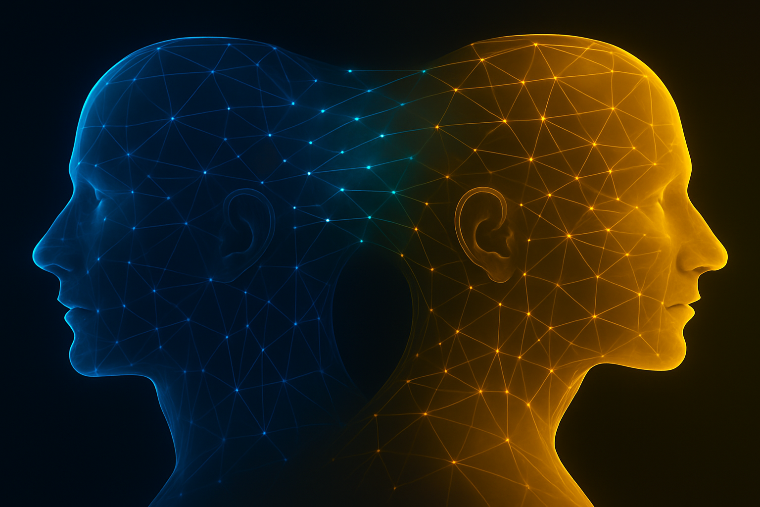 Two neural network heads representing human intuition and AI pattern recognition connected through data